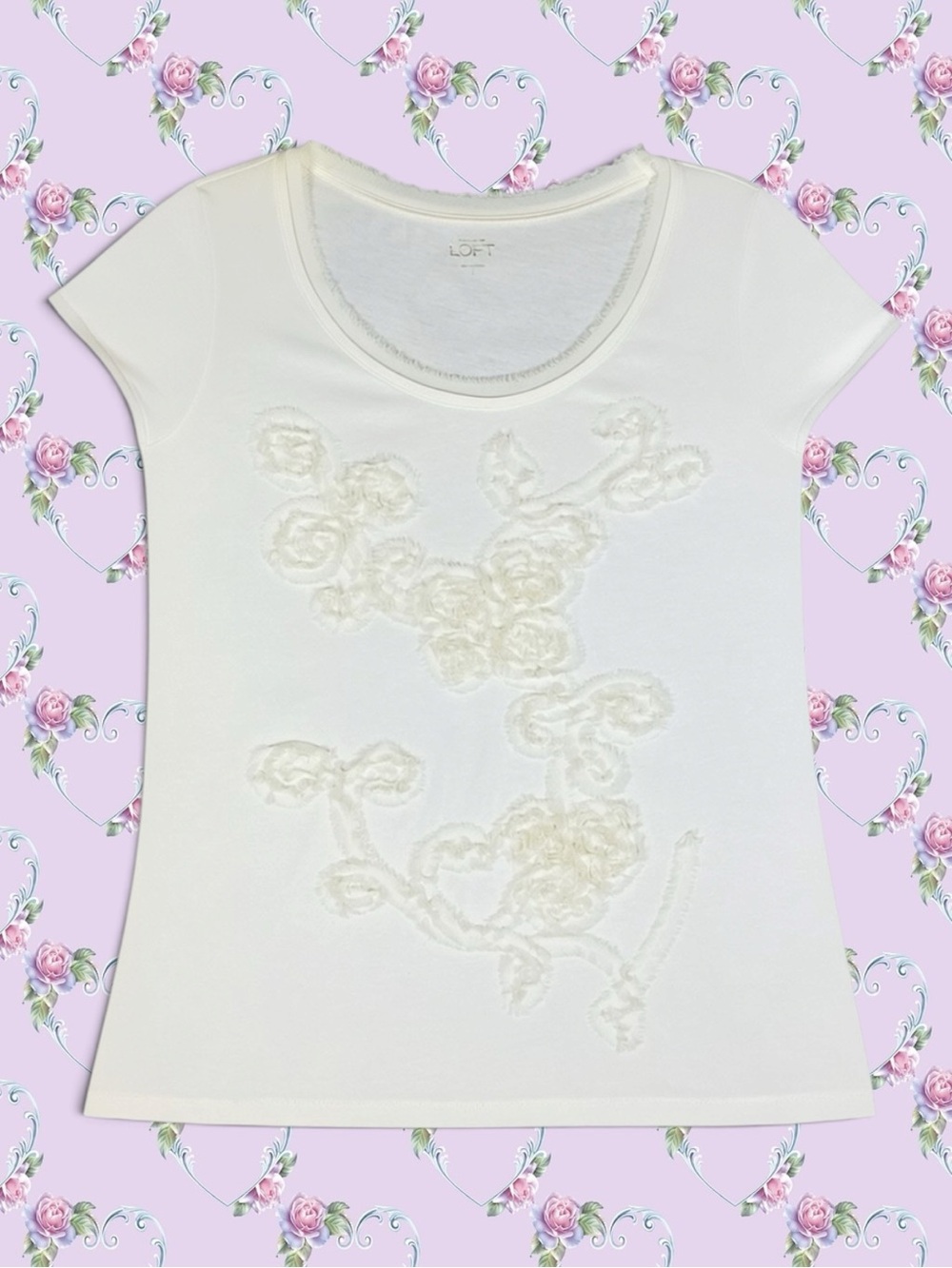 LOFT Ann Taylor Top White Ivory Textured Floral Appliqué 100% Cotton Coquette L